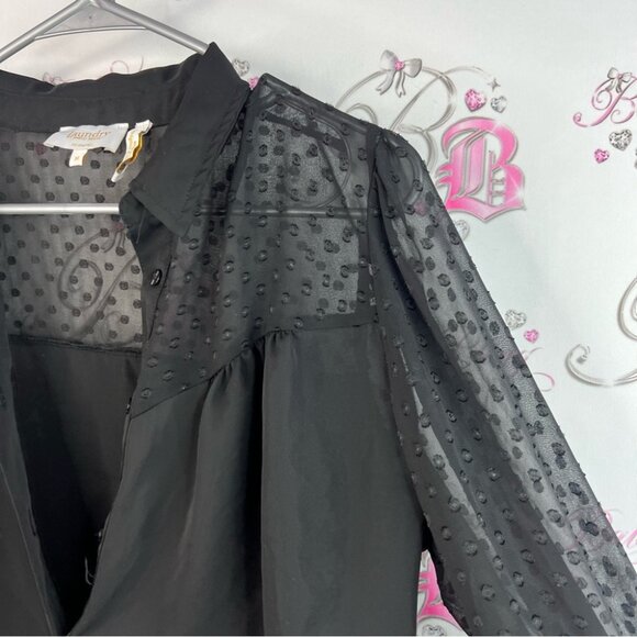 Laundry By Shelli Segal long sleeve dotted Polka dot buttons Black Sheer Blouse - Picture 8 of 13